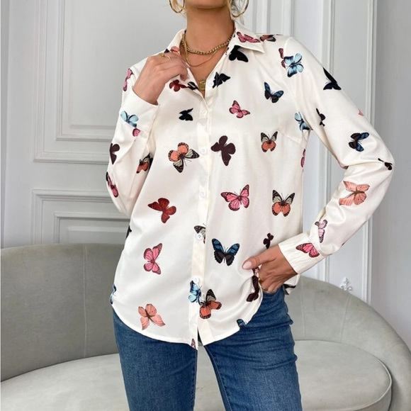 Classic Butterfly Print Button Down Up Shirt Top Blouse - Picture 5 of 6